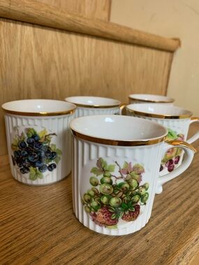 5 Vintage Porcelain Fruit-Print Coffee Mugs with Gold Trim - White